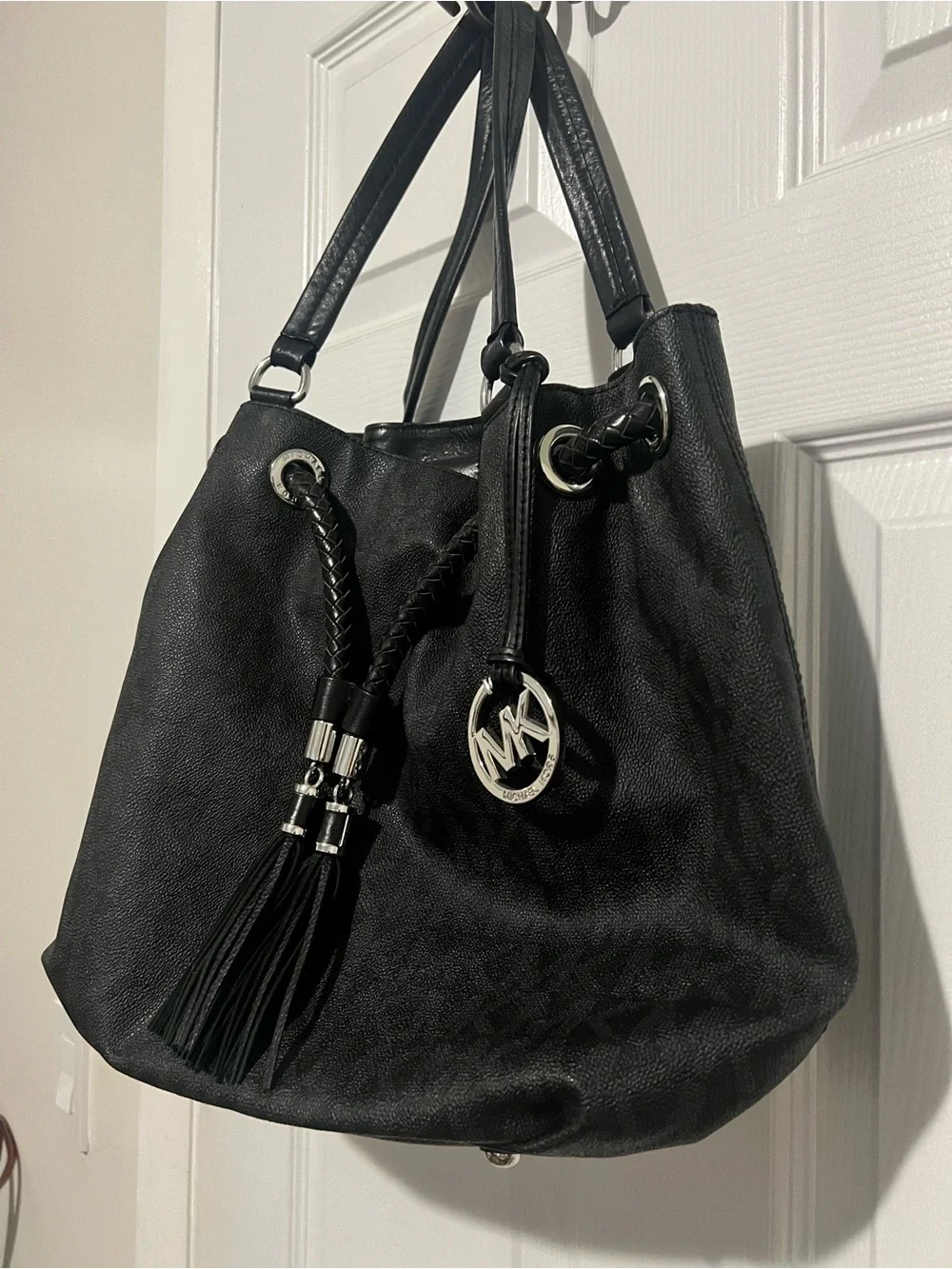 Michael Kors Black Logo Drawstring Shoulder Bag with Tassels